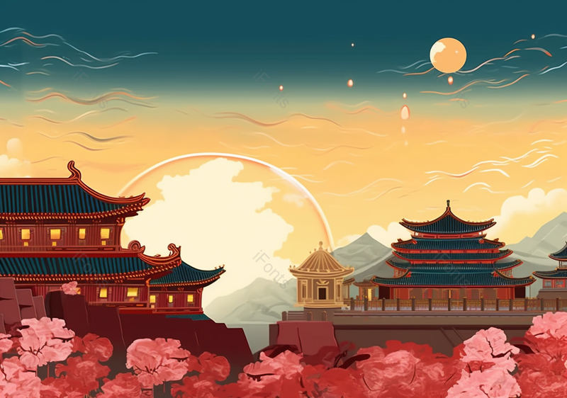 花好月圆国潮古建筑节日背景插画,插画/手绘图,插画/手绘图库,插画/手绘图下载,插画/手绘